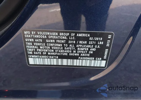 2013 Volkswagen Passat 2.5L Se from USA, damaged, VIN 1VWBH7A30DC104718